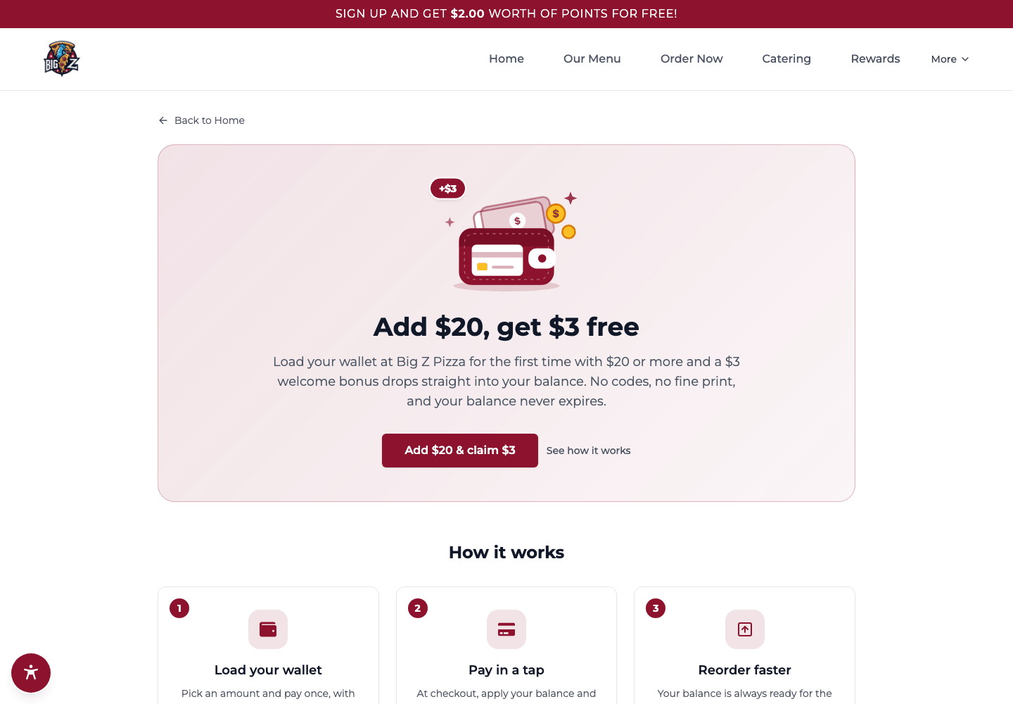 Big Z Pizza wallet and rewards website on a MacBook Pro