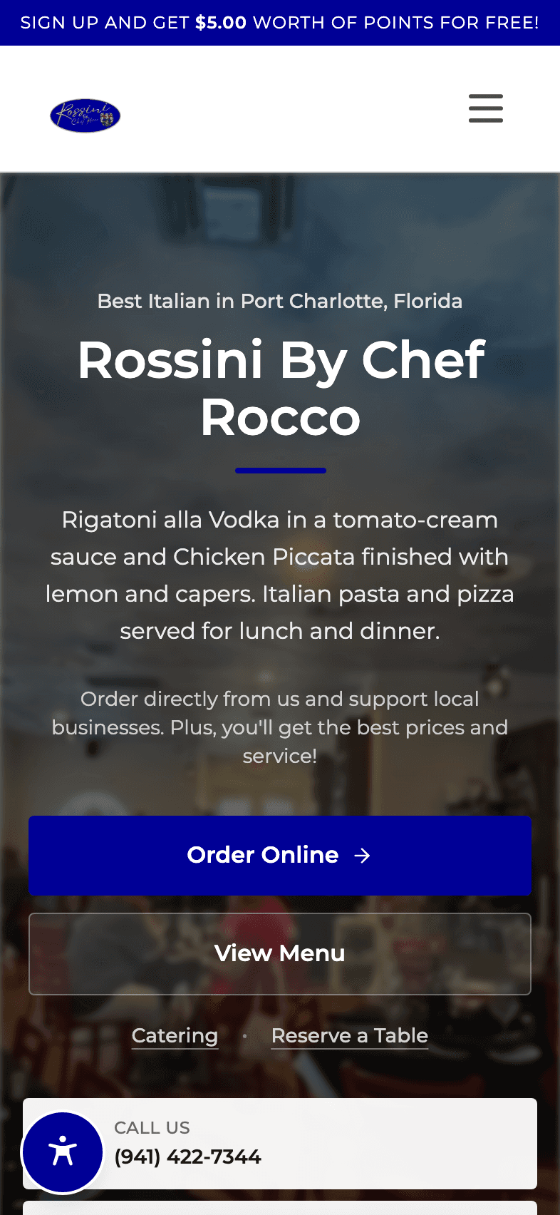 Rossini By Chef Rocco restaurant website on a phone