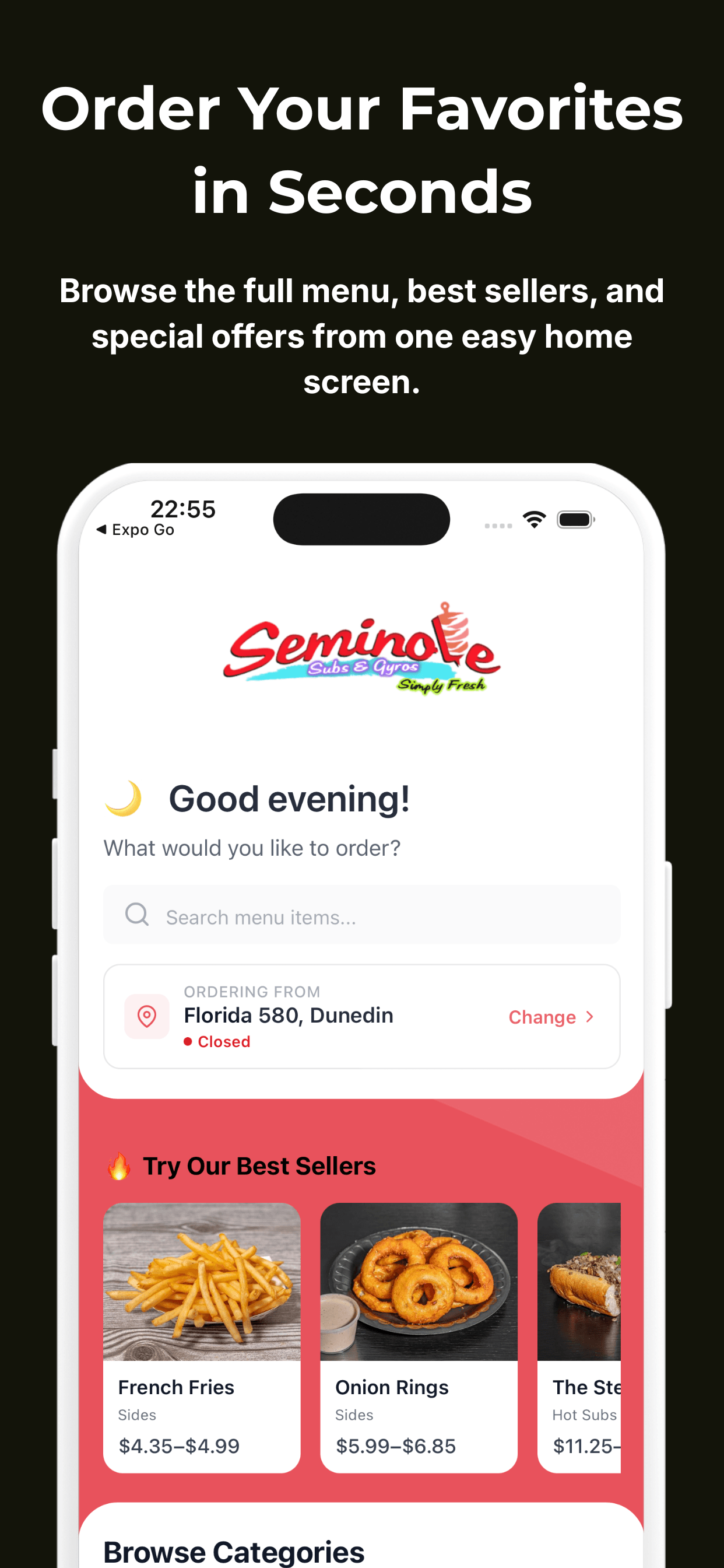 Seminole Subs & Gyros app menu