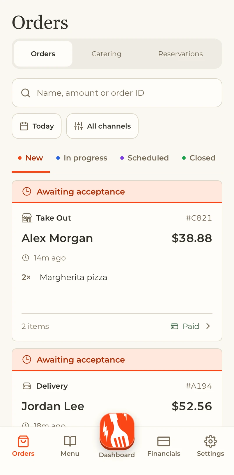My Dinevate pickup and delivery order list, shown in a Google Pixel mockup