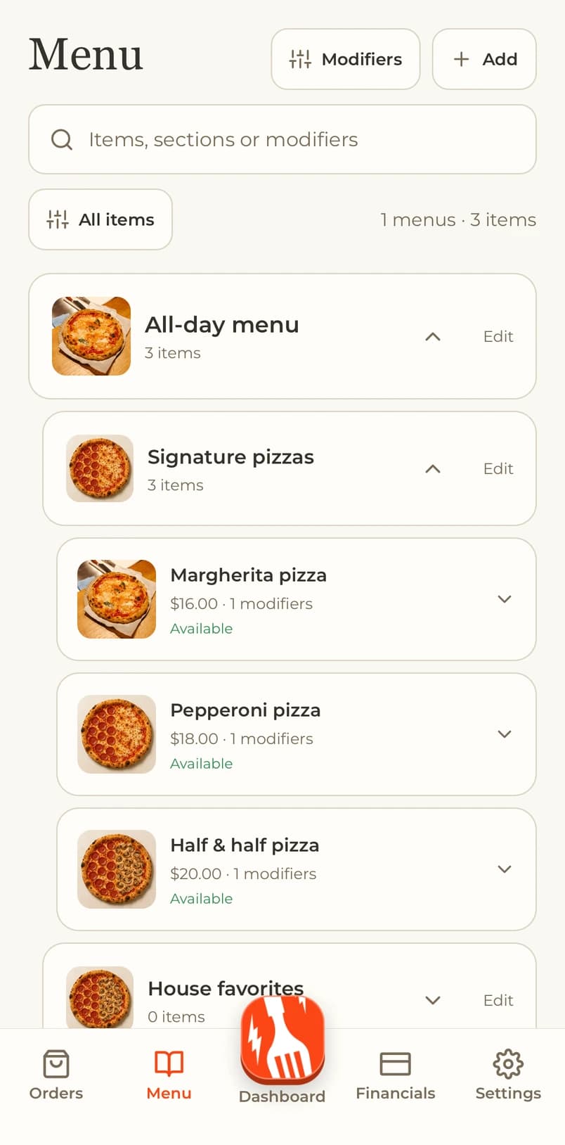 My Dinevate menus, sections and item availability, shown in an iPhone mockup