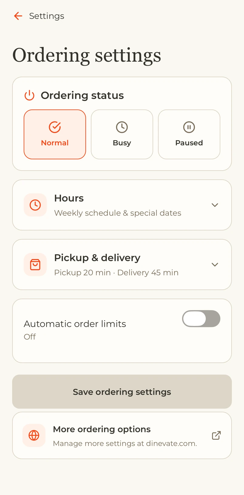 My Dinevate hours, busy mode and ordering controls, shown in a Google Pixel mockup