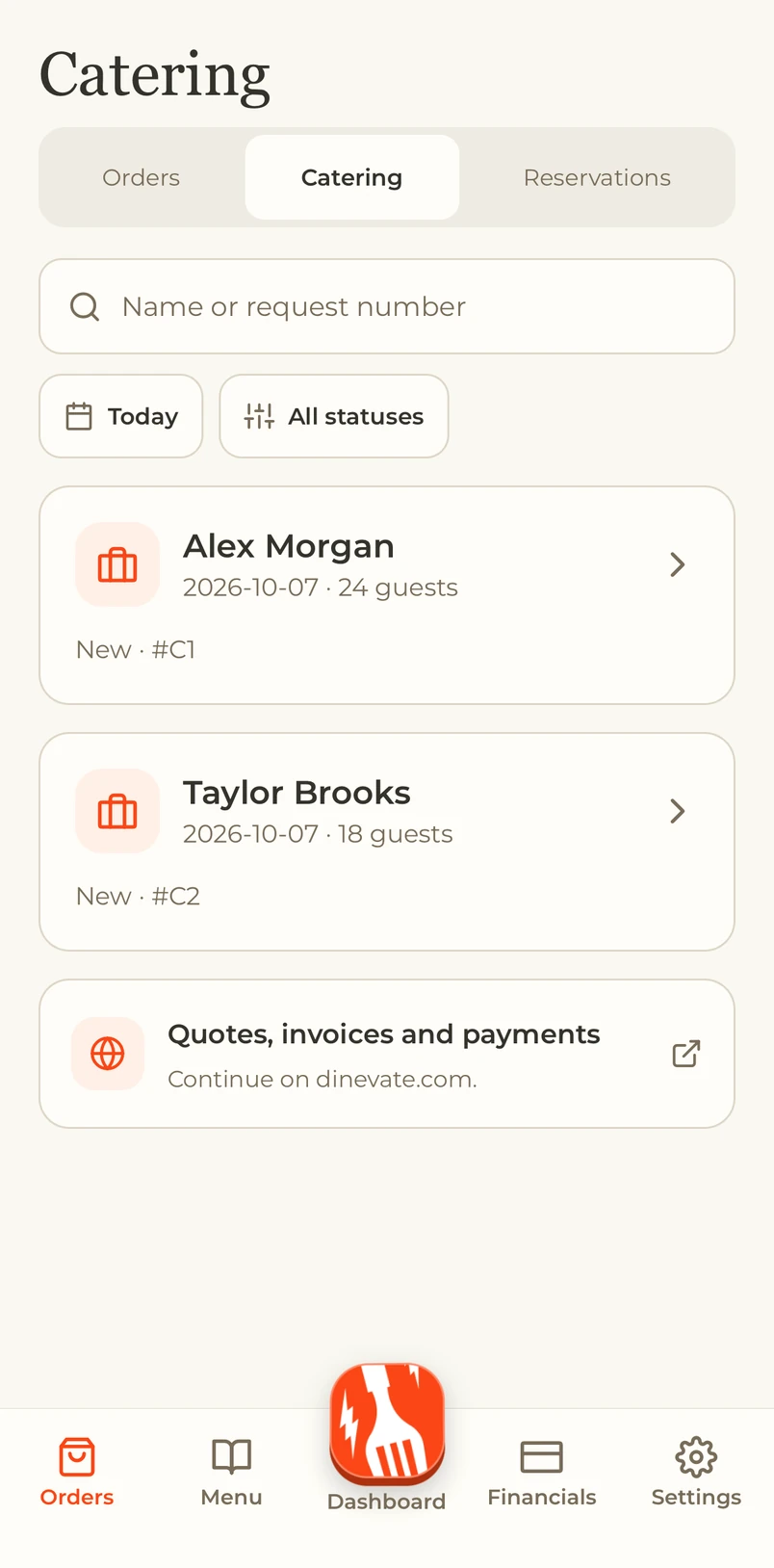 My Dinevate catering requests and event details, shown in a Google Pixel mockup