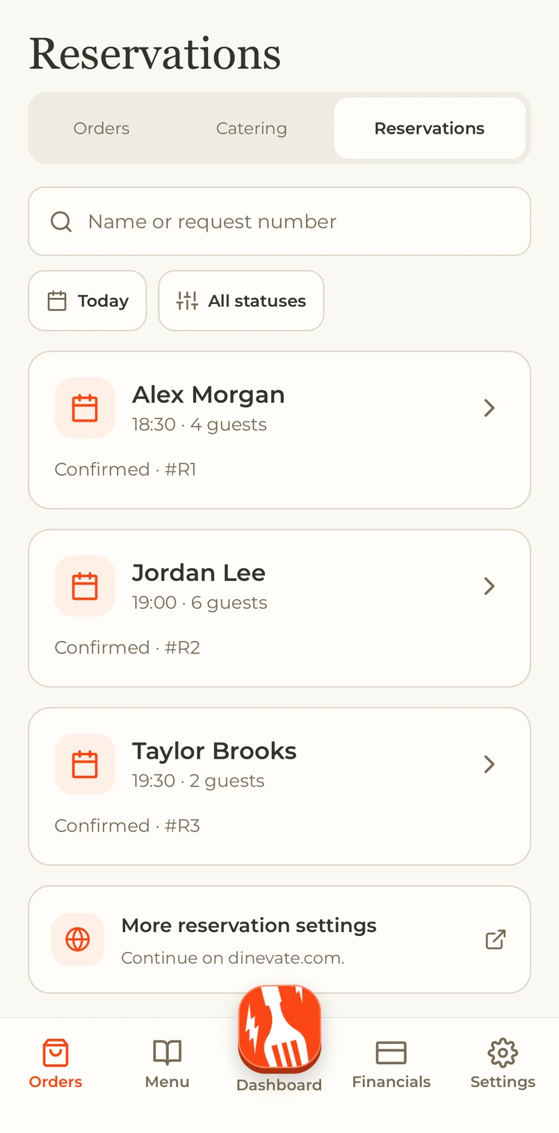 My Dinevate reservation list with times and guest counts, shown in an iPhone mockup