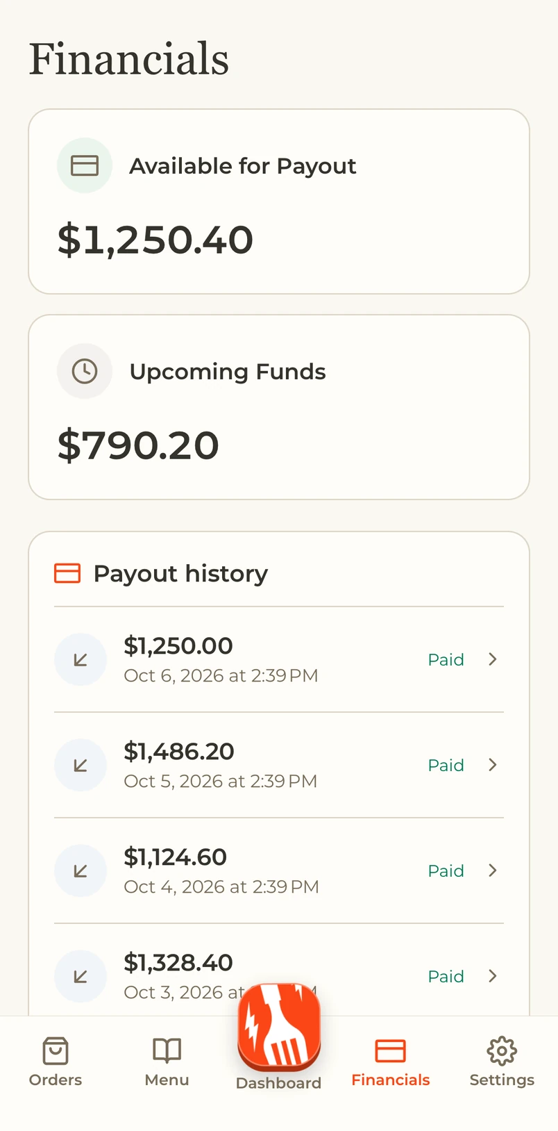 My Dinevate available funds and payout history, shown in a Google Pixel mockup