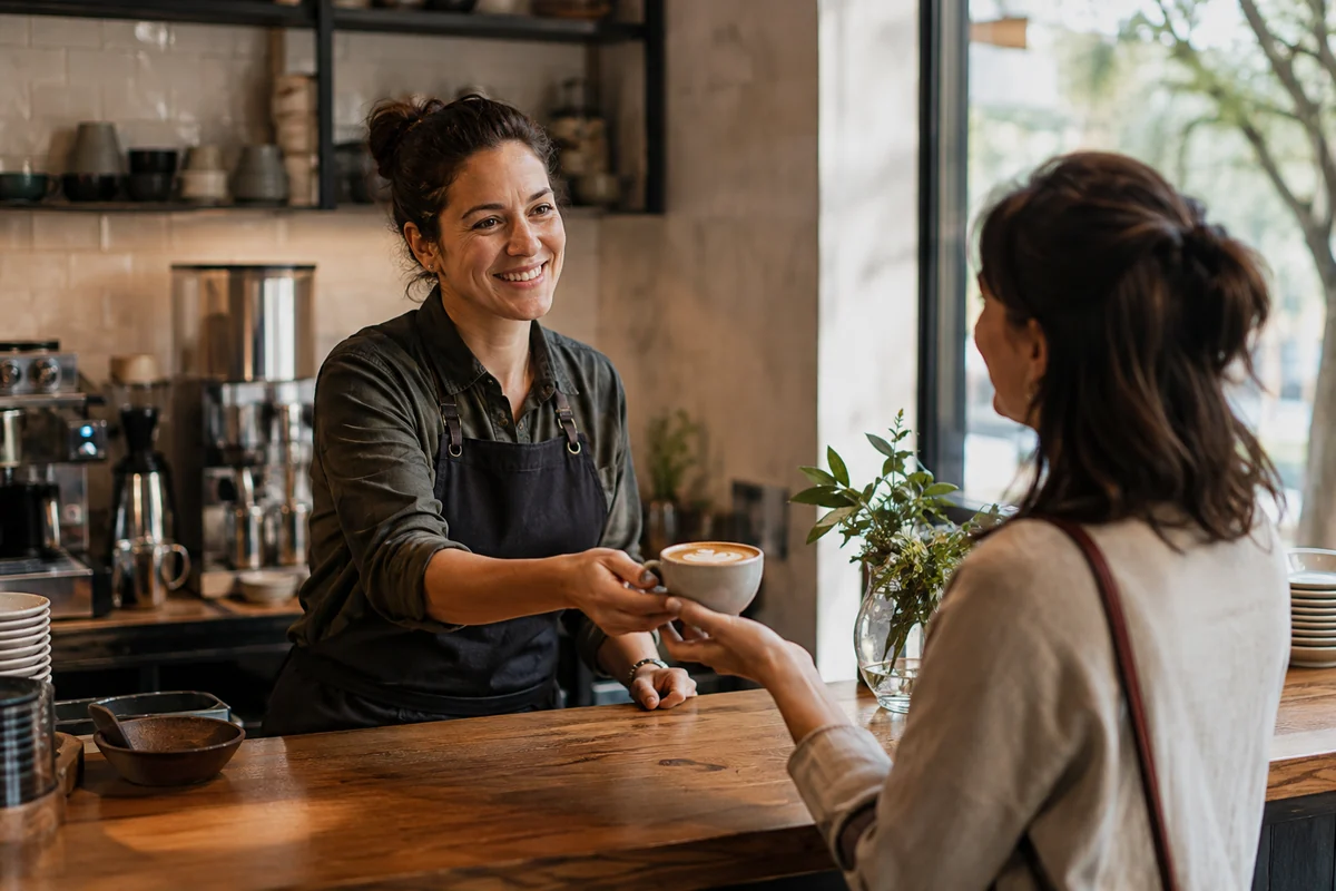 A barista welcoming a regular with a freshly made coffee
