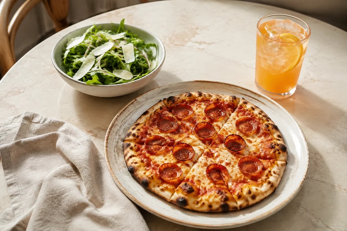 A pizza, salad and drink served together as a lunch special