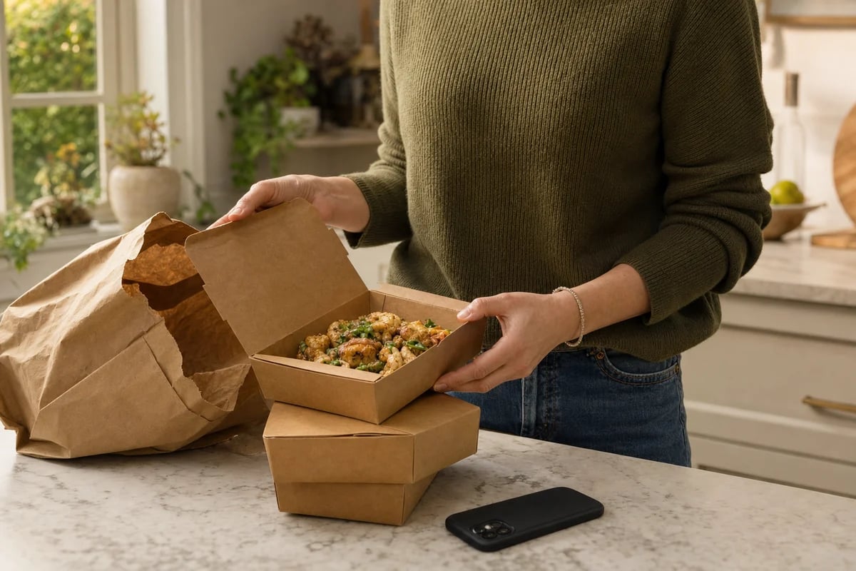 A guest unpacking a familiar takeaway order at a home kitchen counter