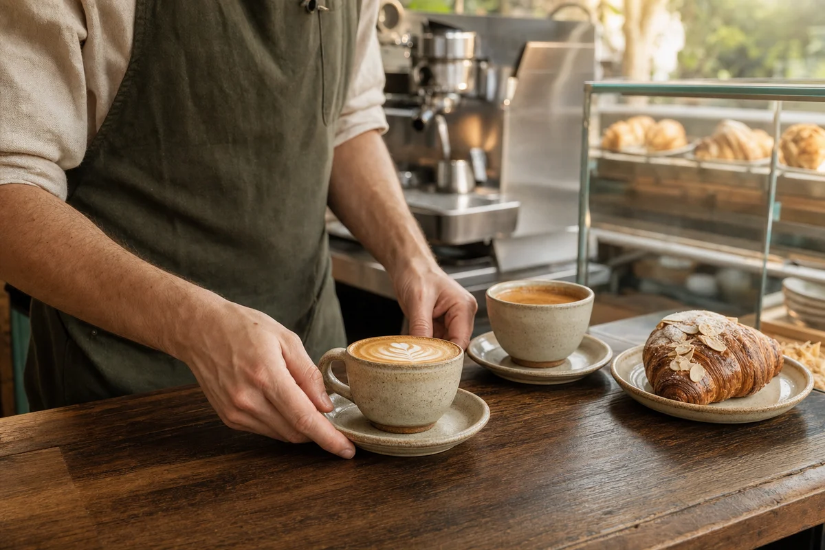 Barista setting down a latte beside a croissant on a coffee shop counter