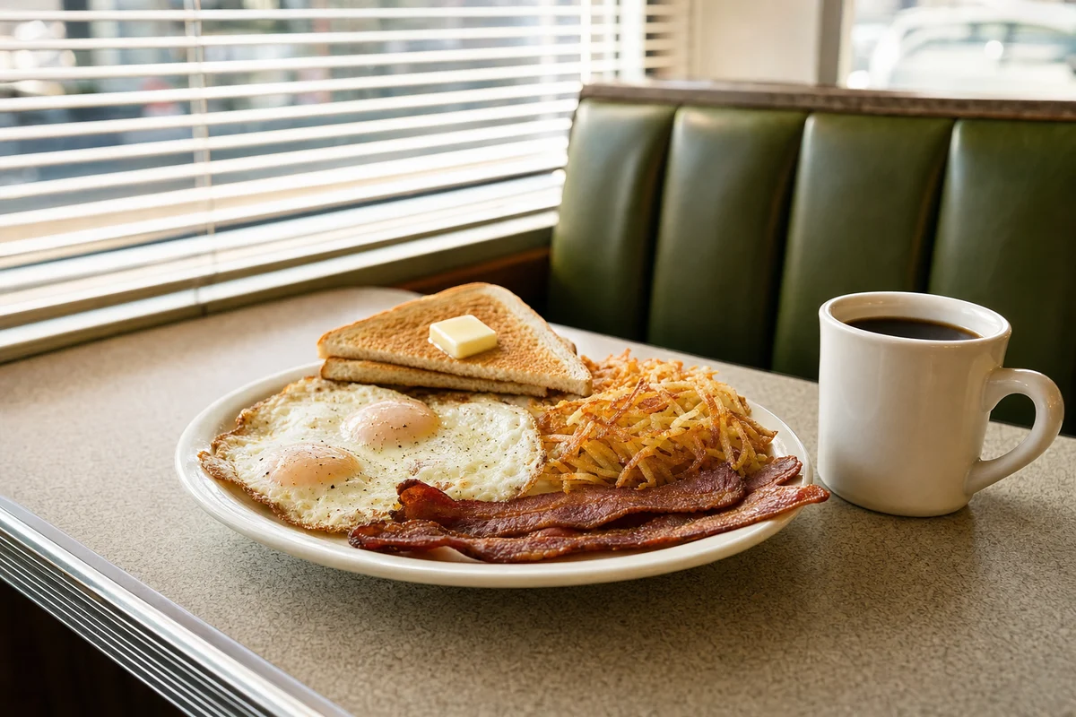 Diner breakfast of eggs, bacon, hash browns and coffee in a booth