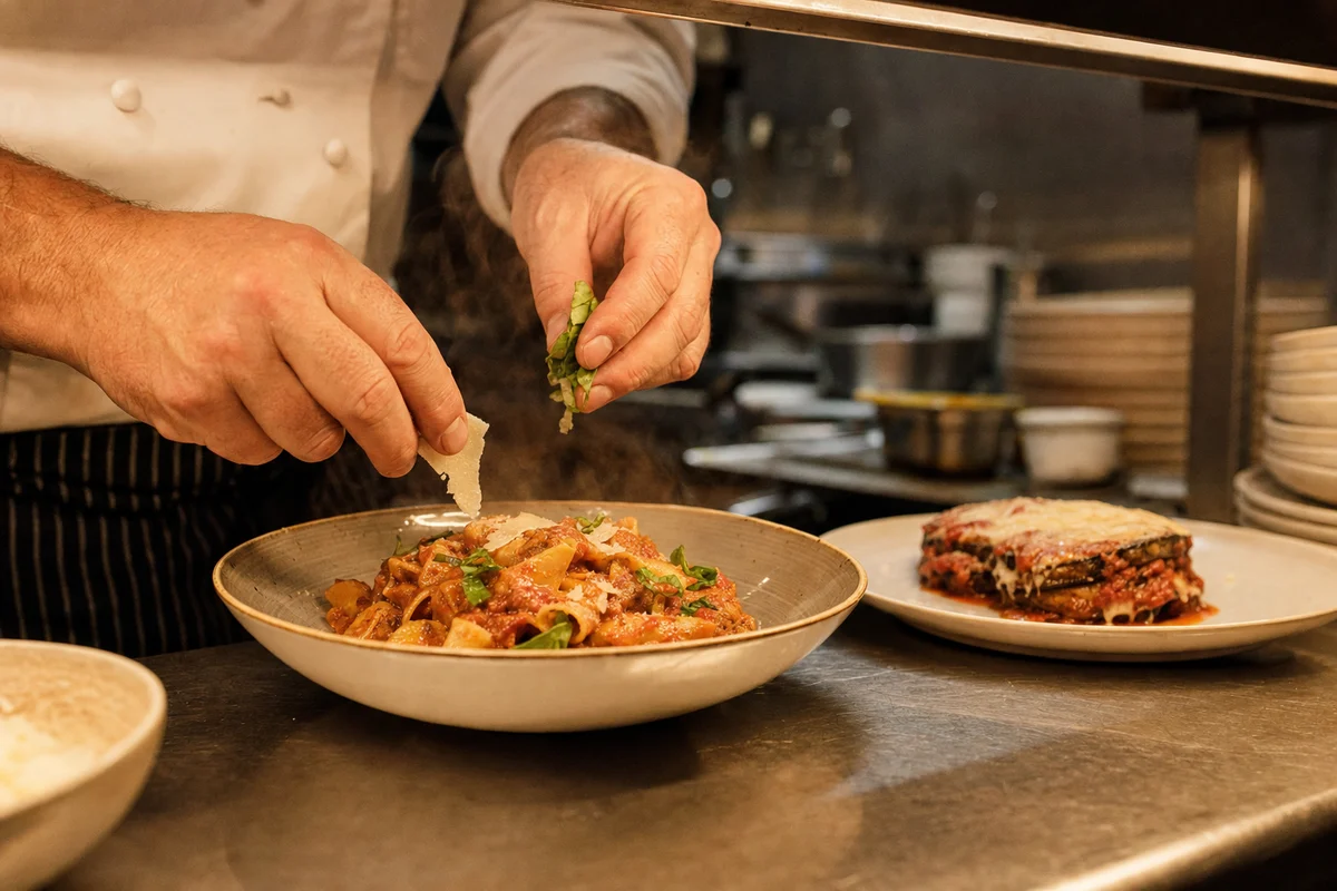 Chef finishing a bowl of pasta beside eggplant parmigiana at an Italian kitchen pass