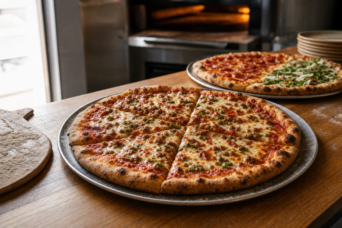 Freshly cut pizza on a steel pan at a pizzeria counter beside the deck oven