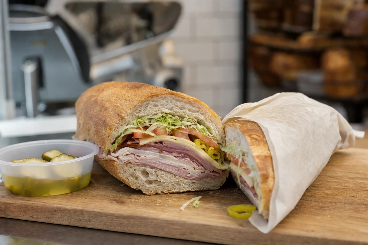 Layered sub sandwich cut on the diagonal on a sandwich shop board