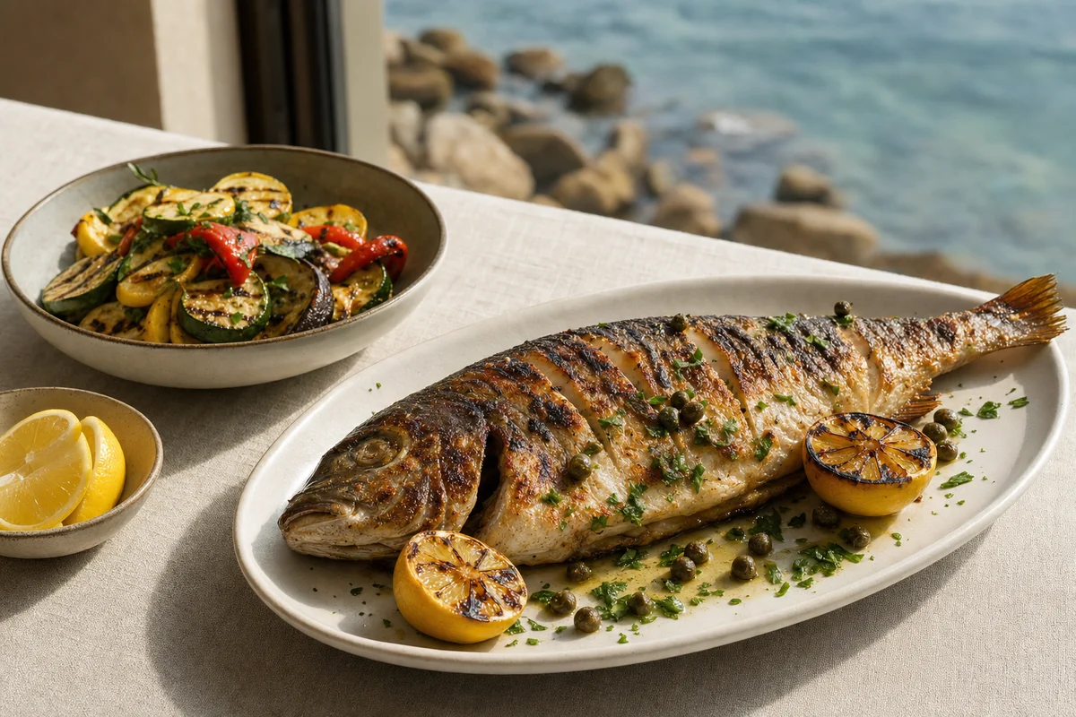 Whole grilled fish with charred lemon on a platter at a seaside table