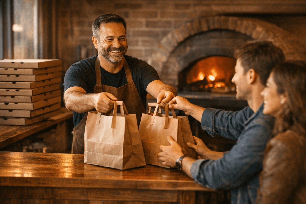 At a pizza shop, the owner gives customers their pickup orders.
