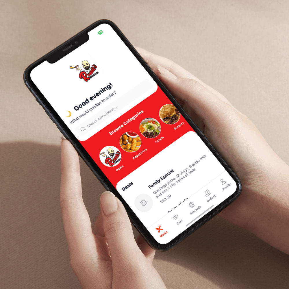 Mobile app screenshots showing ordering experience
