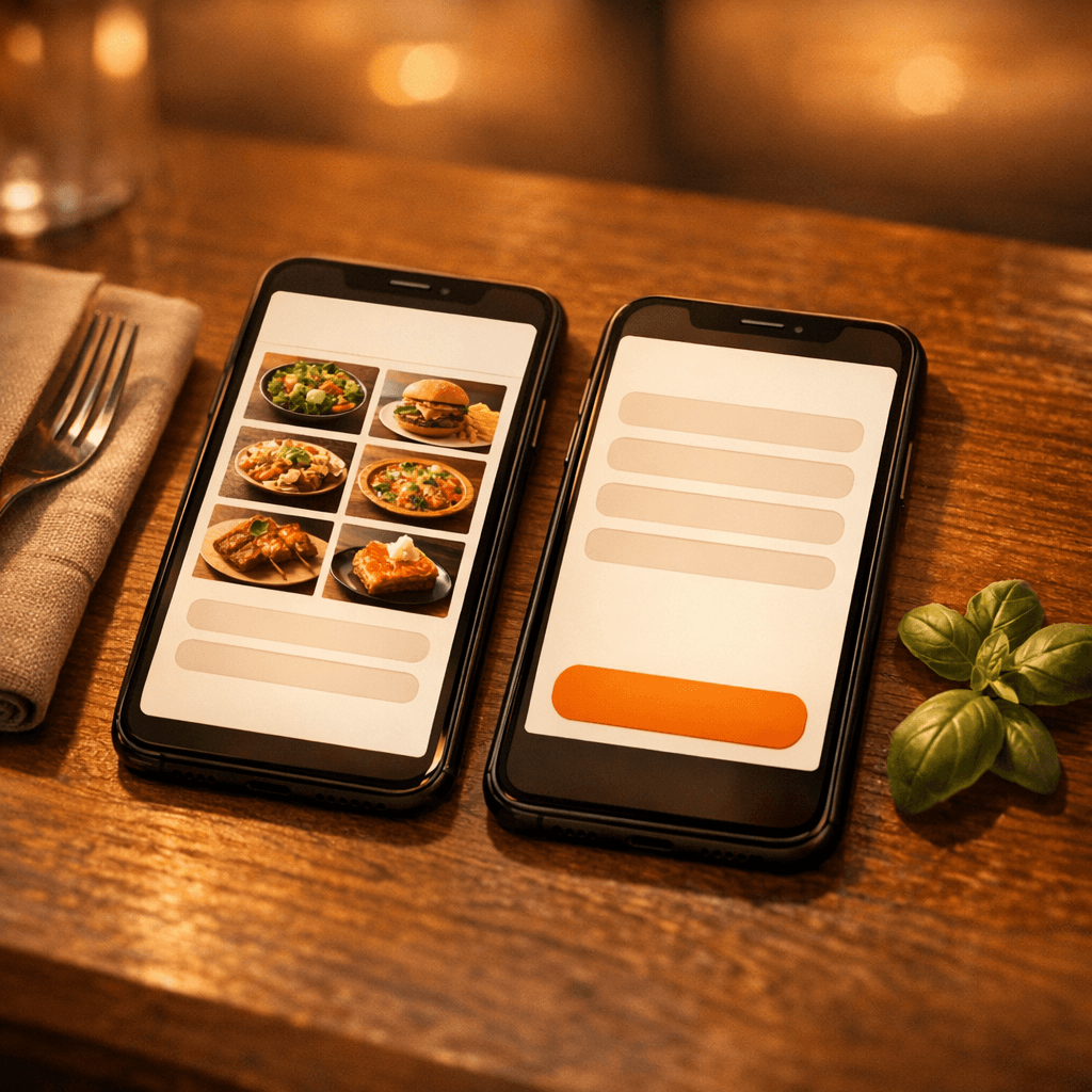 Mobile app screenshots showing ordering experience