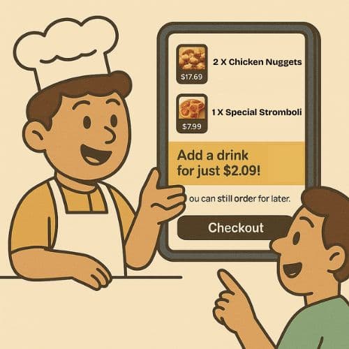 Restaurant website interface showing a smart, modern cart and upsell system