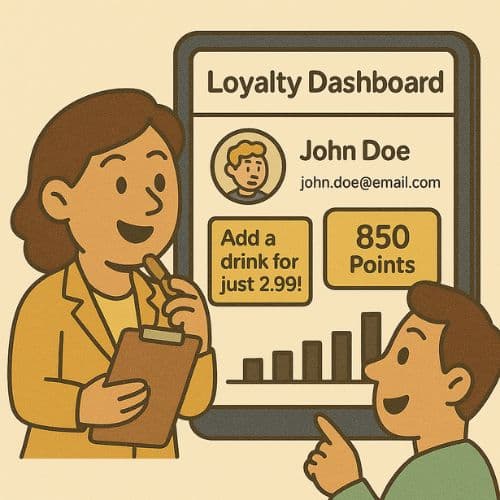 Owner reviewing loyalty dashboard with customer data and reward points