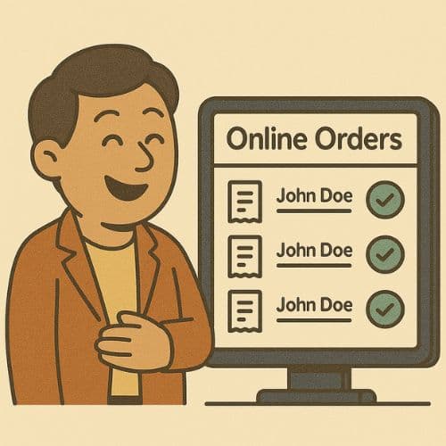 Restaurant owner smiling while viewing lots of online orders