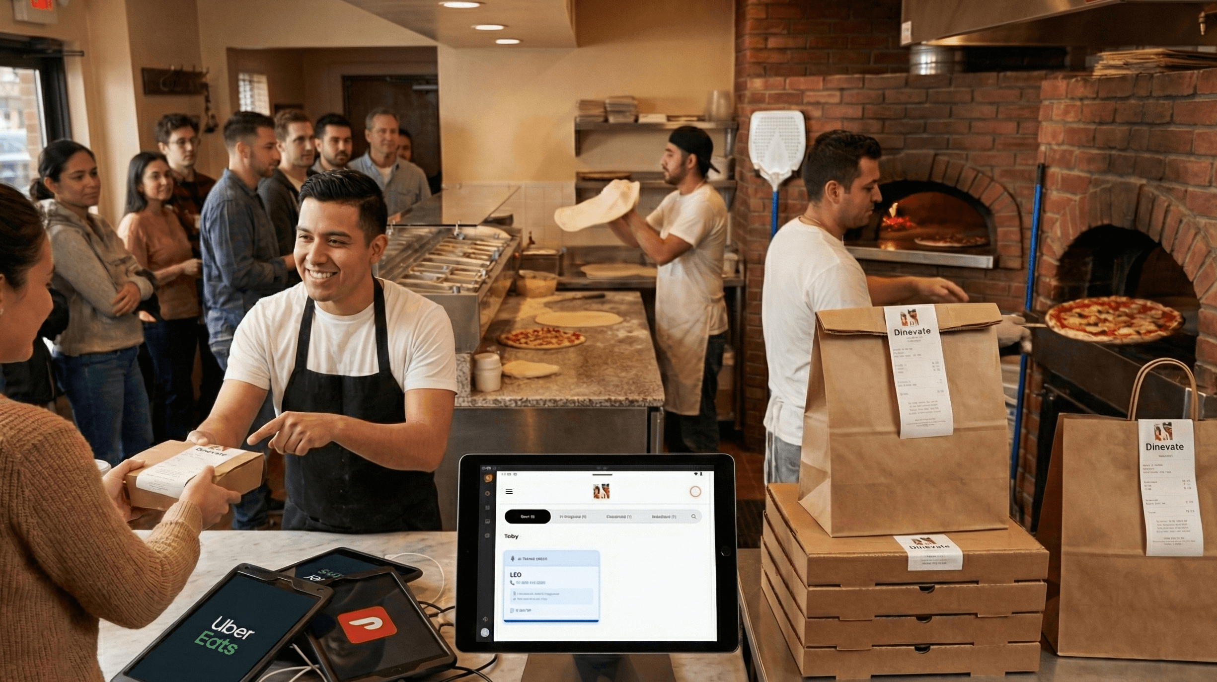A busy pizzeria counter with a single Dinevate tablet replacing multiple third-party tablets