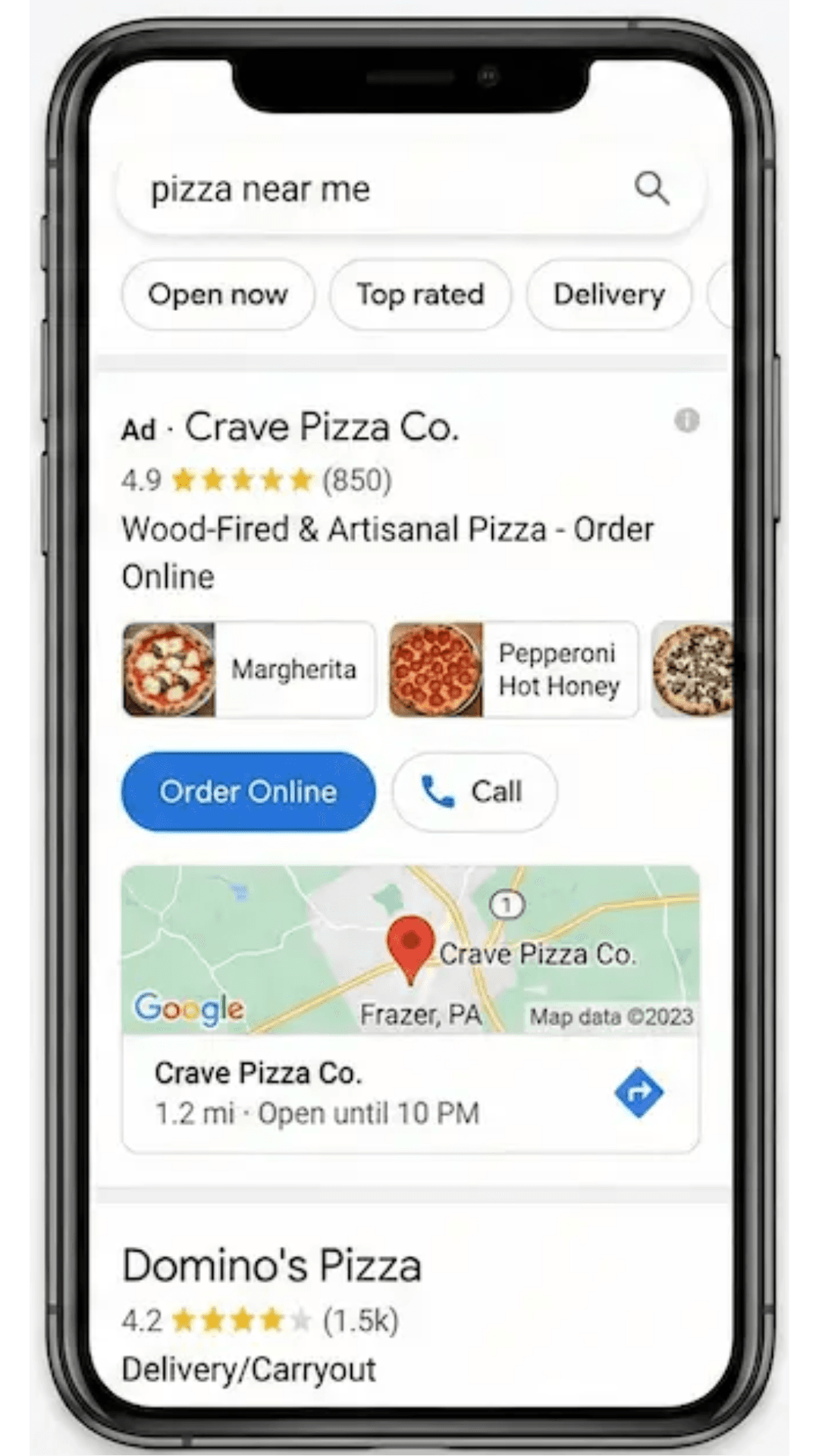 Google Search results page showing pizza near me search query with pizzeria appearing as #1 result above Domino's